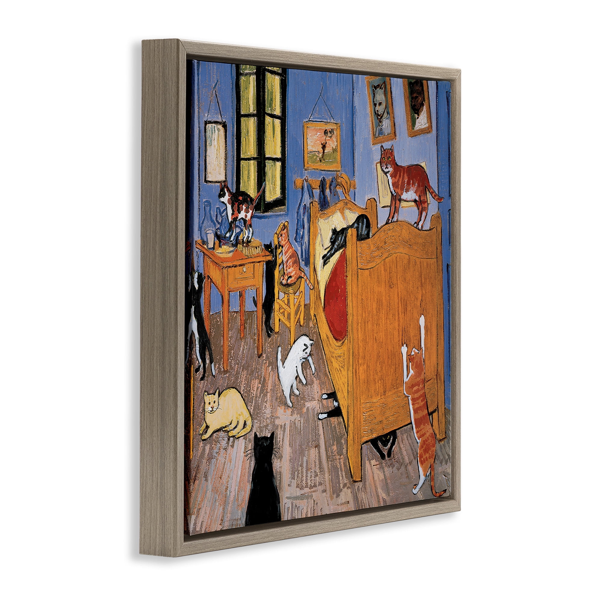 Stupell Industries Cats in Bedroom Classics Parody Animals & Insects Painting Brown Floater Framed Canvas Art Print Wall Art, 25 x 25