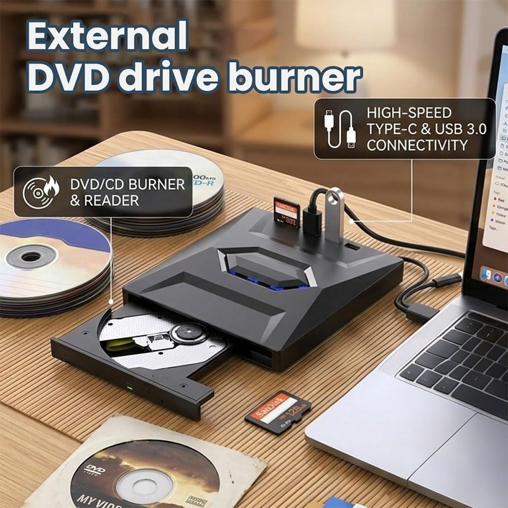 7-in-1 External Blu-ray Drive – USB 3.0 & Type-C, BD/DVD/CD Burner, 3 USB Hub + SD/TF Reader, 6X for Laptop/Desktop(RL Black 1 PC)