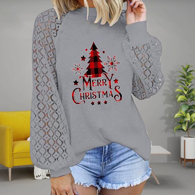 Pntutb Blusa de manga larga de encaje con cuello redondo y estampado navideño para mujer Tops sólidos Pntutb Pntutb-5667