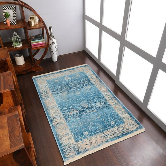 Rugsotic Carpets Machine Woven Crossweave Area Rugs - 6'X9', Rectangle,Blue,Classic Oriental Traditional , Low Pile Machine Made Area Rugs For Living Room, Bed Room (M00074)