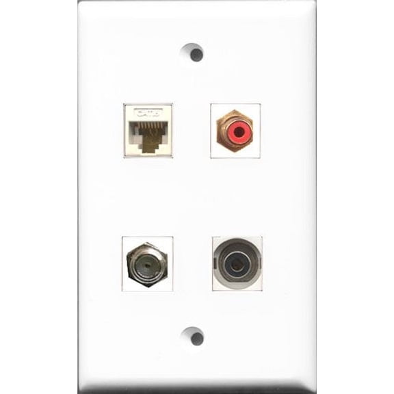 RiteAV 1 Port RCA Red and 1 Port Coax Cable TV- F-Type and 1 Port 3.5mm and 1 Port Cat6 Ethernet White Wall Plate