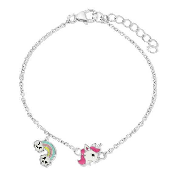 Bracelet en Argent Sterling 5 + 1 Pouces Licorne Émaillée & Arc-en-Ciel