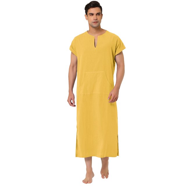 Camisón de manga corta para hombre, de algodón, con escote en V y abertura lateral, vestido largo Amarillo L