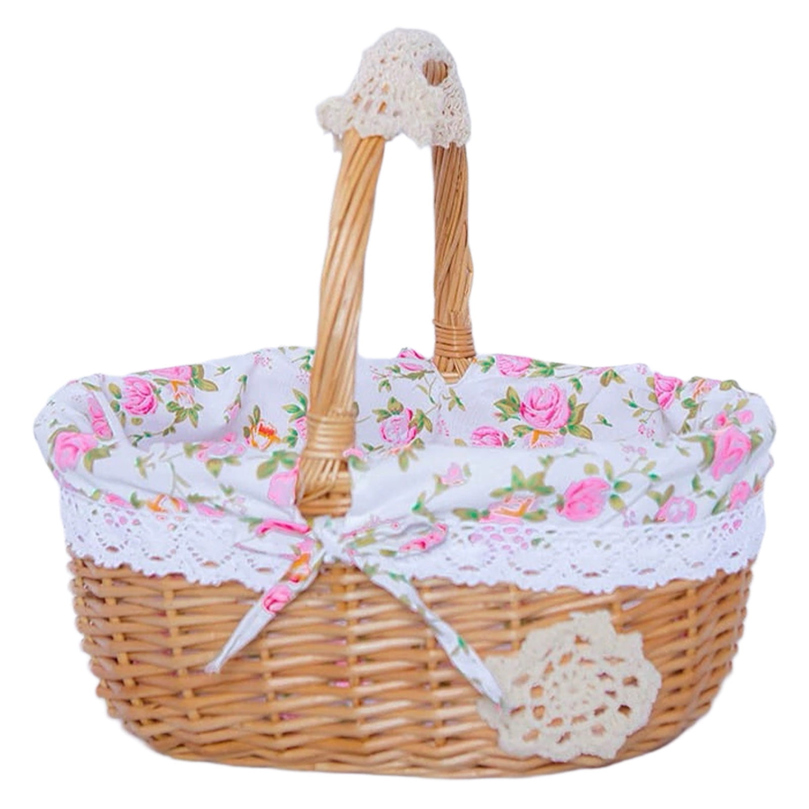 Wicker Picnic Basket with Removable Floral Liner, Suitable for Weddings, Holidays, Gardening, Valentine's Day, Easter, Parties, Celebrations, Oval Picnic Camping Outdoor Basket, 9.8 x 7.8 x 10.2 in