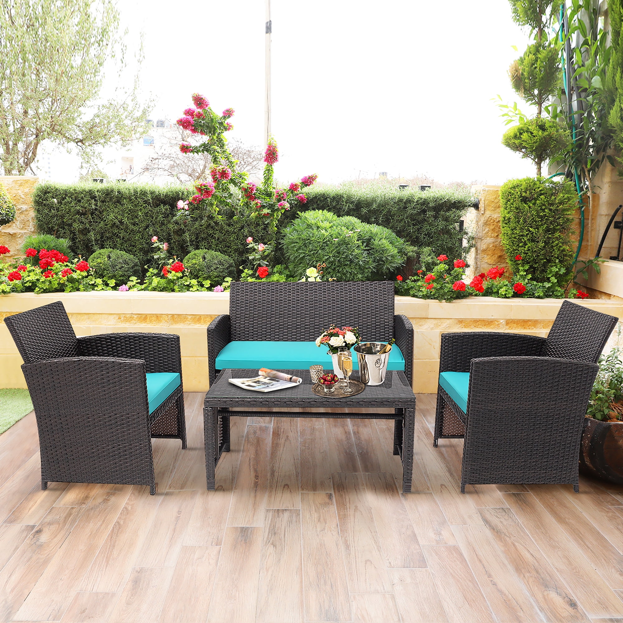 Costway 4PCS Patio Rattan Furniture Set Cushioned Chair Sofa Coffee Table Turquoise