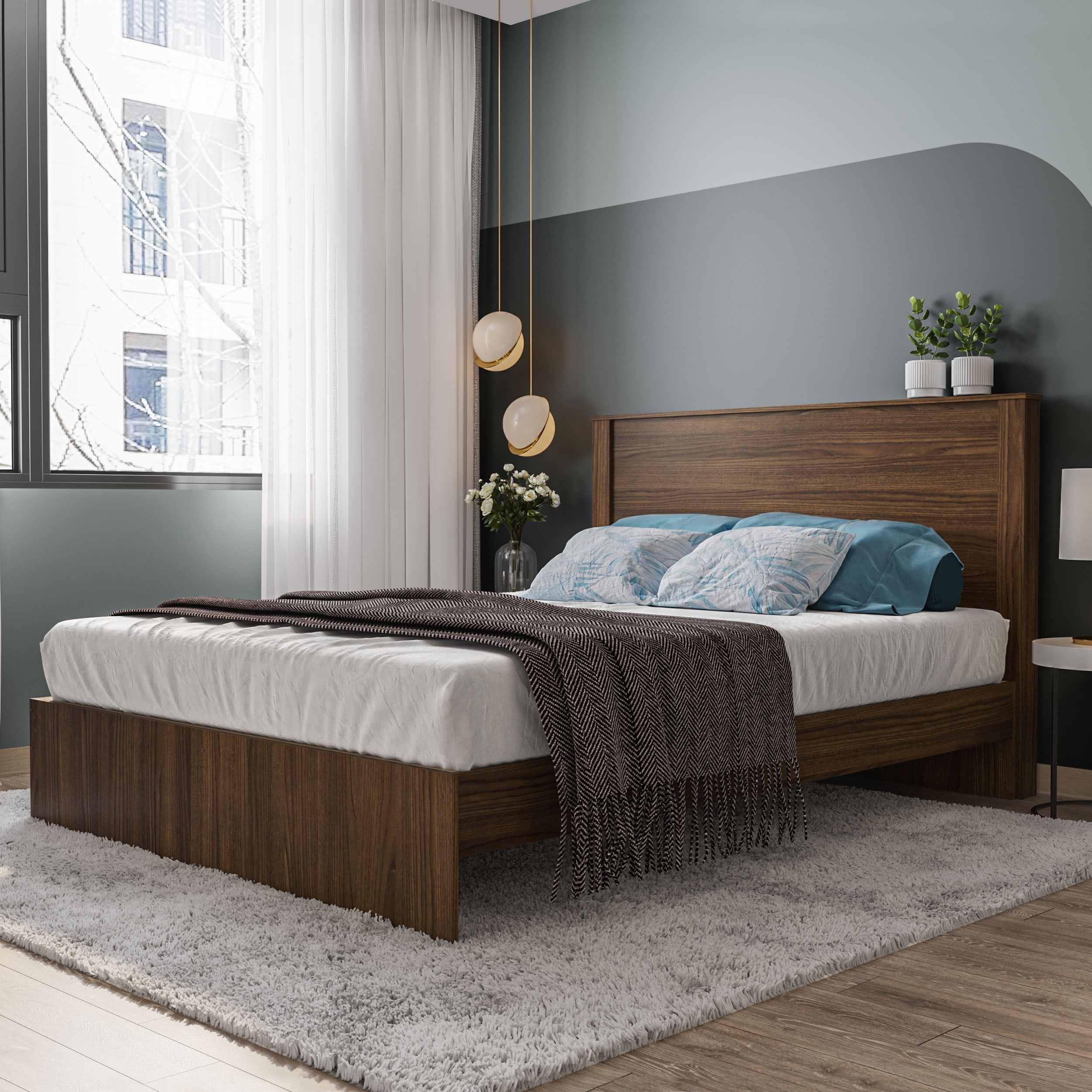 Polifurniture Juliette Queen Size Wood Panel Headboard, Walnut