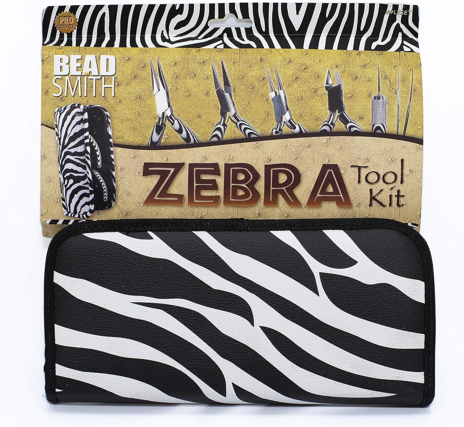 The Beadsmith Zebra Print Pliers – 5 Inch Tools, 6 Piece Kit: Chain Nose, Round Nose, Bent Chain Nose, Side Cutter, Tweezers & Reamer with Zippered Pouch – Tools Set for Jewelry Making