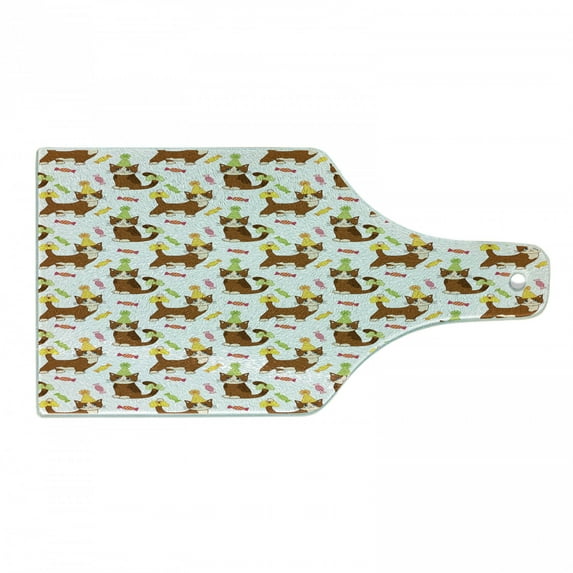 Kitten Cutting Board, Cartoon Style Cat Lover Pattern of Animal with a Party Hat and Sugars, Decorative Tempered Glass Cutting and Serving Board, in 3 Sizes, by Ambesonne