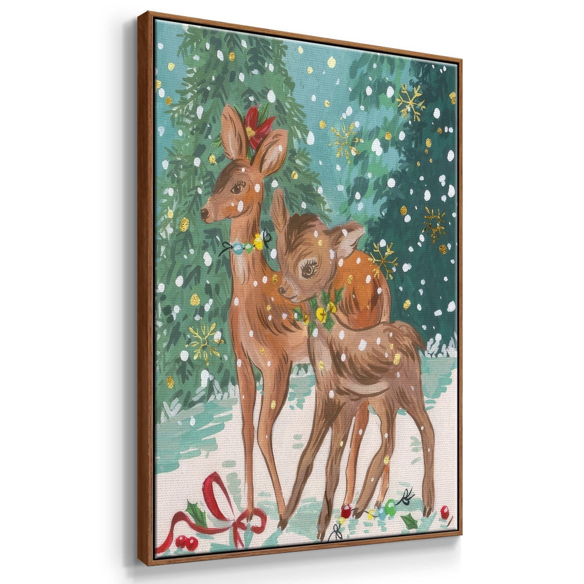 Doe and Fawn I - Framed Gallery Wrapped Holiday Canvas - 17 x 25 - Rosewood Frame
