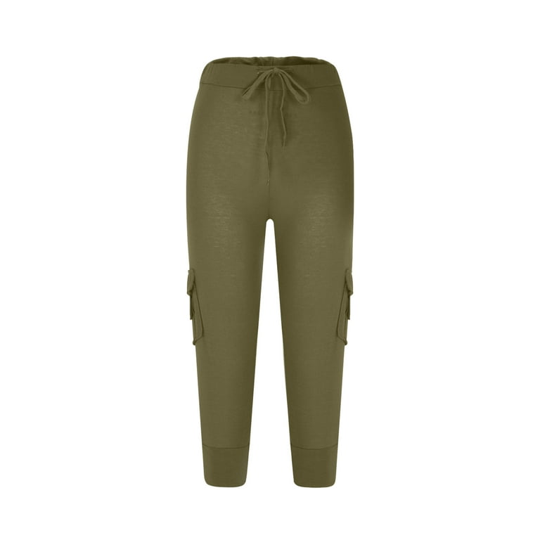 Capri Yoga Pants for Women Plus Size Workout Joggers Cargo Capris  Drawstring Waist Bikers Slacks with Multi Pockets (Medium, Green)