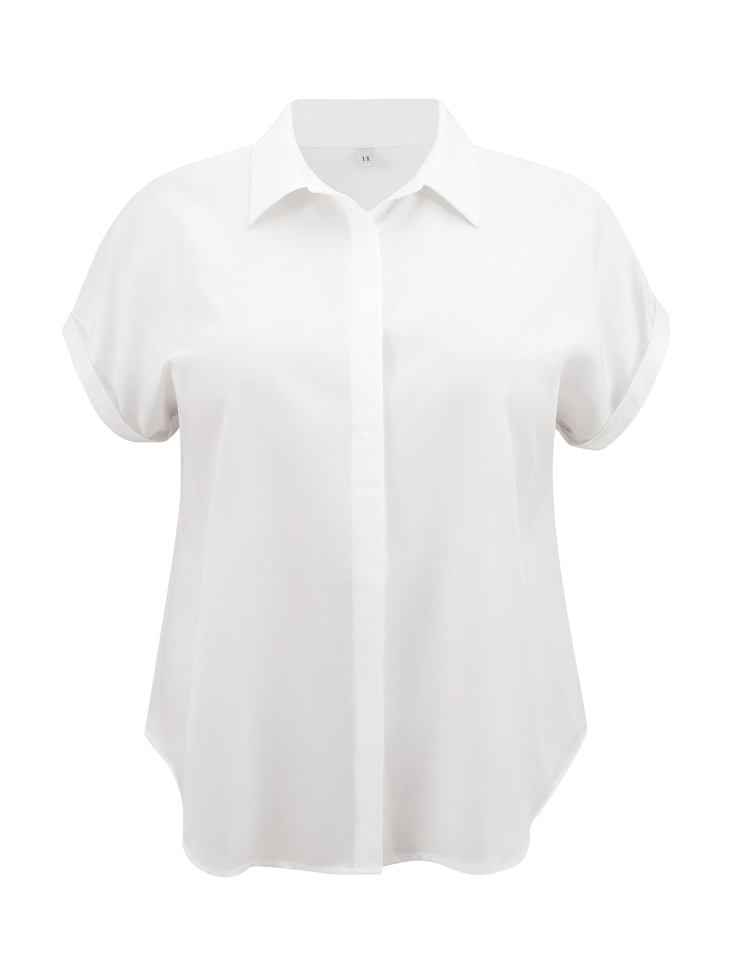 DARING DIVA Women's Plus Size Button Down Polo Lapel Short Sleeve Blouse 1X White