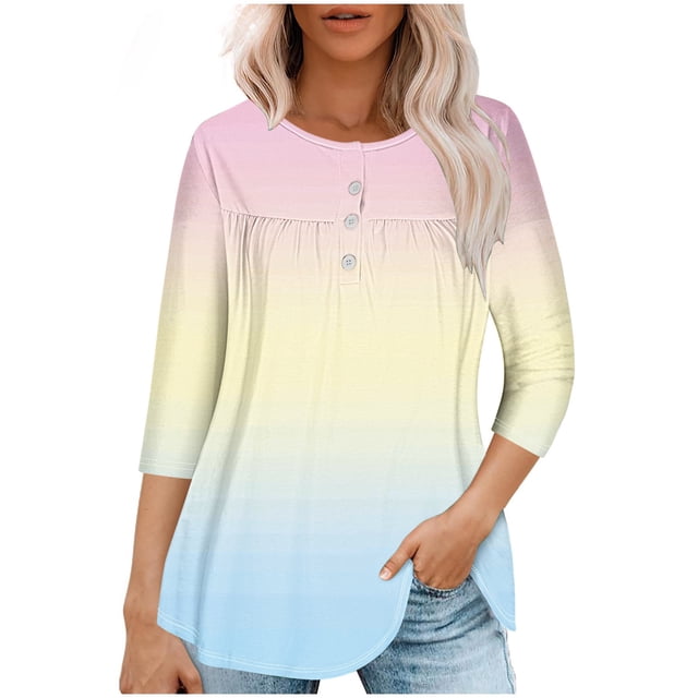RXIRUCGD T-shirt Imprimé Décontracté d'Été pour Femmes Manches Trois-Quarts Col Rond Froncé Blouse, Bleu Clair, Taille : TG