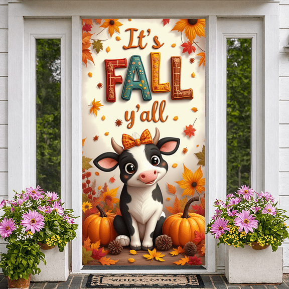 Colorful Design Fall Banner Cute Autumn Cow Thanksgiving Pumpkin for Seasonal Decor Home Decoration Festive Celebration