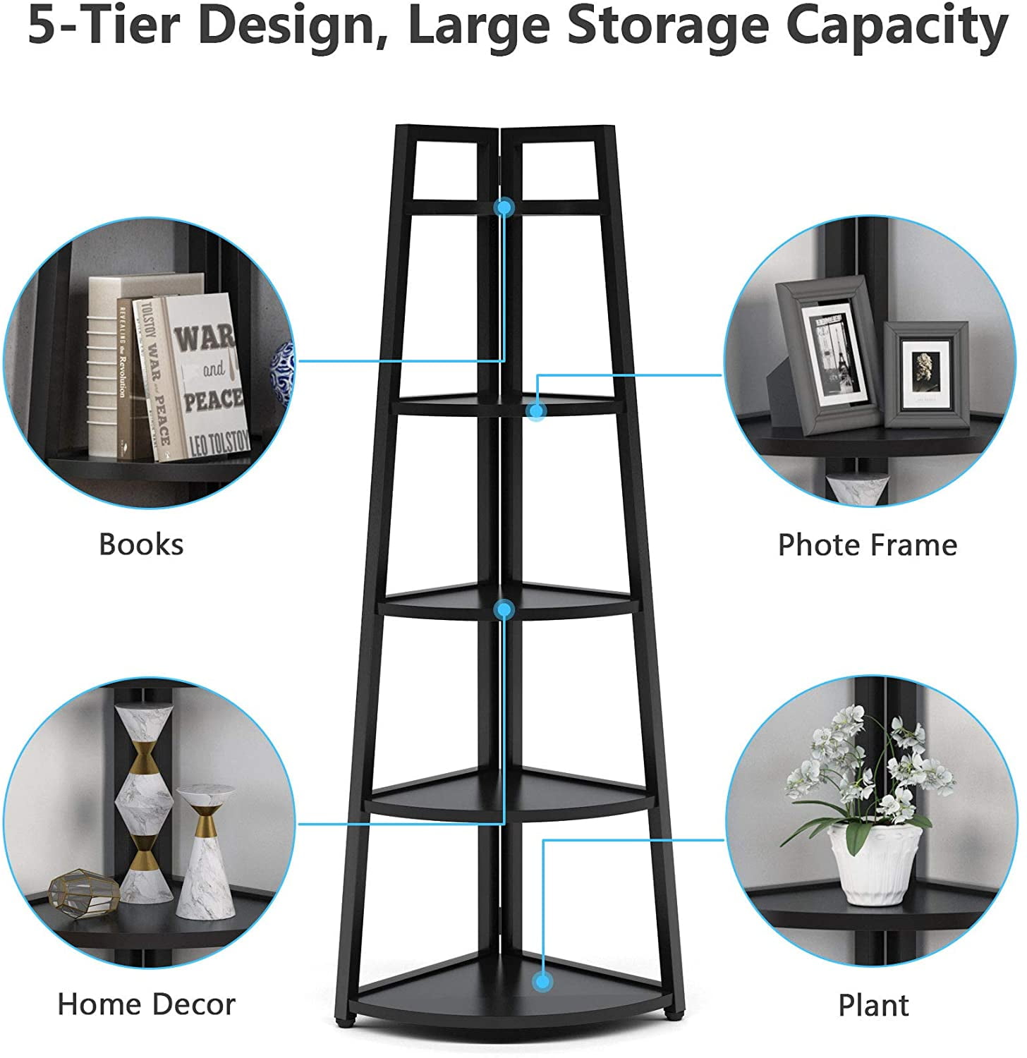 Apicizon 5 Tier Corner Shelf, Industrial Corner Bookshelf Small Bookcase  Rustic Storage Rack Plant Display Stand for Living Room, Home Office