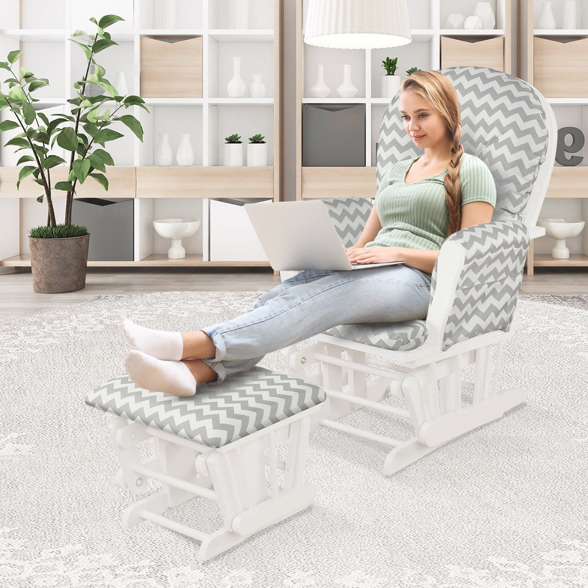 Topbuy Rocking Chair Baby Nursery Chair Glider with Ottoman &Storage Pocket Grey+ White