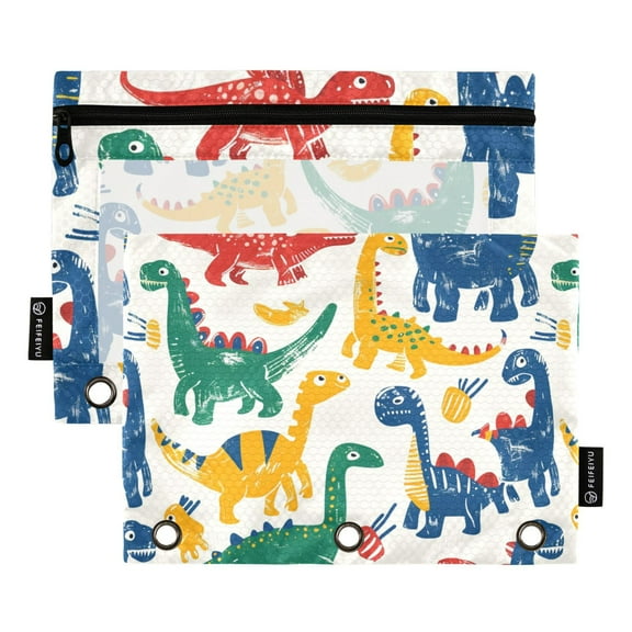 Hand Drawn Dinosaurs 2 Pack Pencil Pouch for 3 Ring Binder Smooth Zipper Folders with Pockets Clear Window Pencil Case