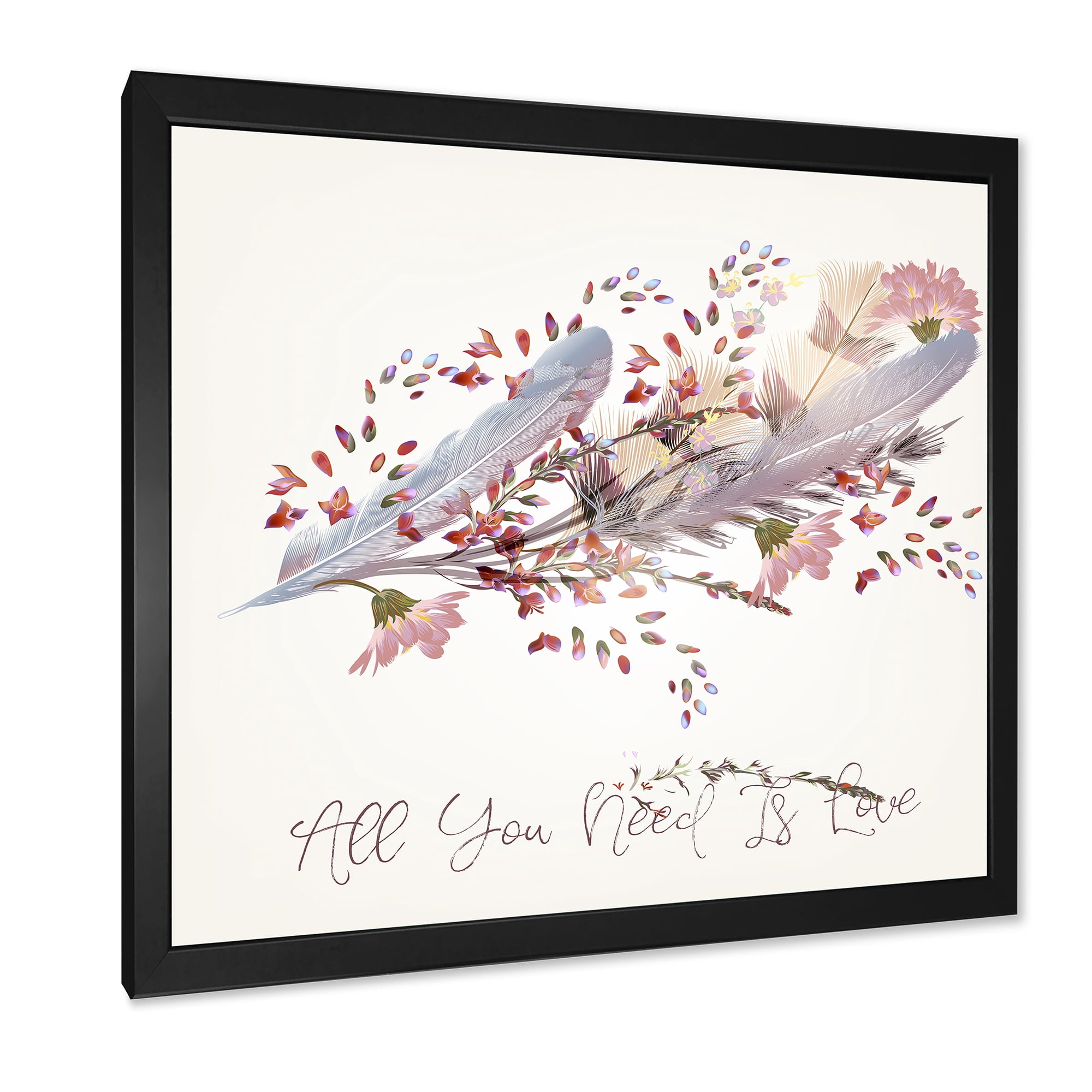 Designart 'Pink Feathers and Flowers All You Need Is Love' Bohemian & Eclectic Framed Art Print