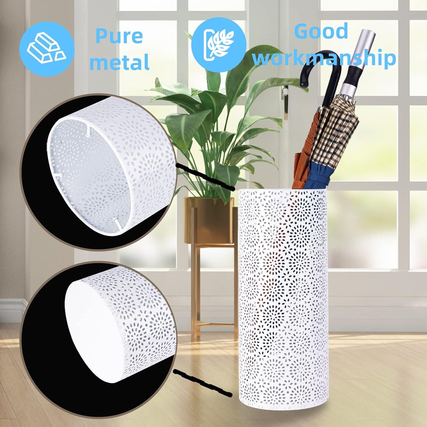 Umbrella Stand Rack for Entryway, Free Standing Metal Umbrella Holder, Round Umbrella Organizer Bin with 3 Hooks for Long Short Umbrella, Walk Stick, Home Office Indoor, 17 x 7 Inch, White