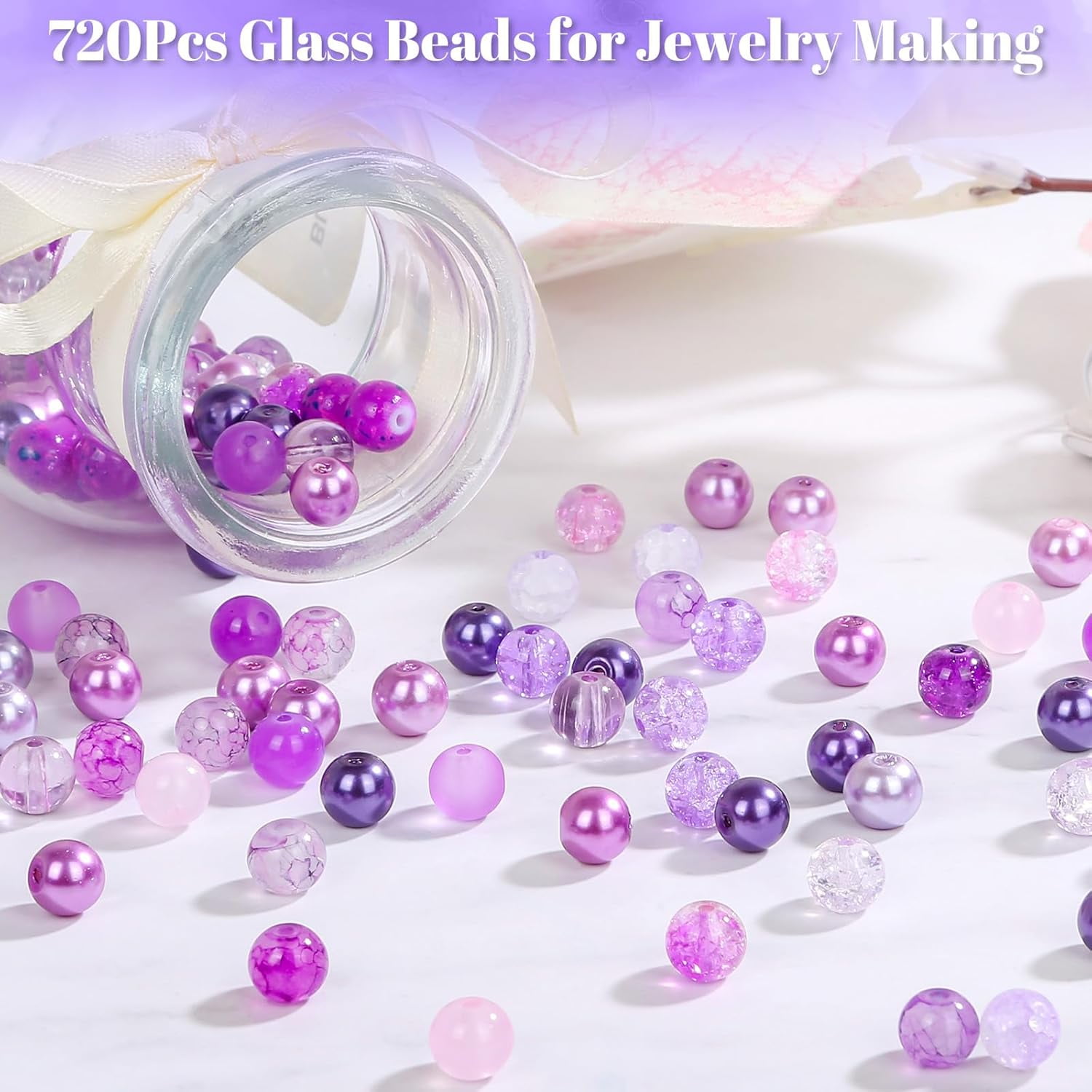 720pcs Glass Beads for Jewelry Making 8mm, 24 Colors Bead Bracelet Making Kit Purple Round Loose Beads for Bracelet Earring Necklace Jewelry Making Supplies