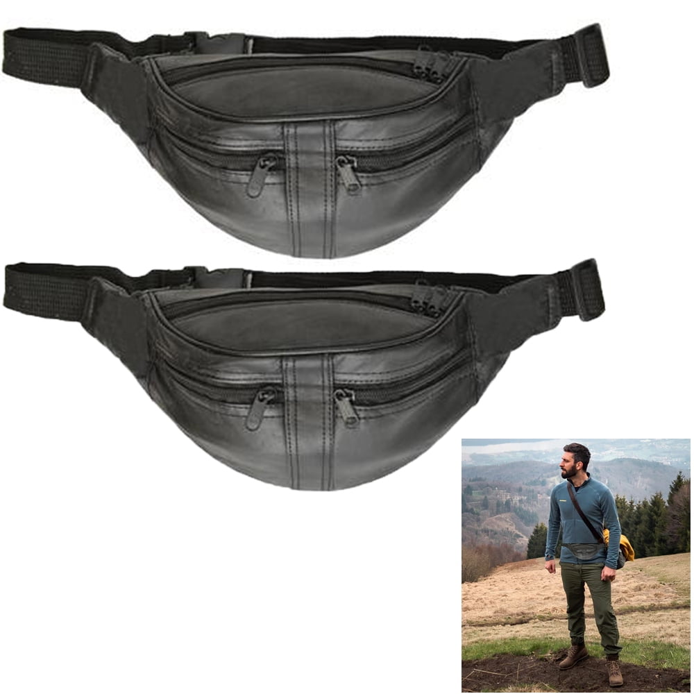 AllTopBargains 2 Black Leather Fanny Pack Waist Bag Adjustable Travel Pouch Women Men Hip
