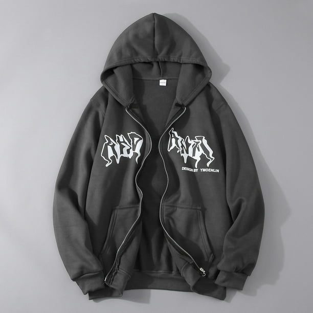 Men's Zip Up Hoodie Hop Streetwear Gothic Print Sweatshirt 90s