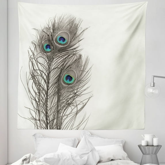 Peacock Tapestry, Feathers of Exotic Bird on White Backdrop Bohemian Wildlife Composition, Fabric Wall Hanging Decor for Bedroom Living Room Dorm, 5 Sizes, White Taupe and Blue, by Ambesonne