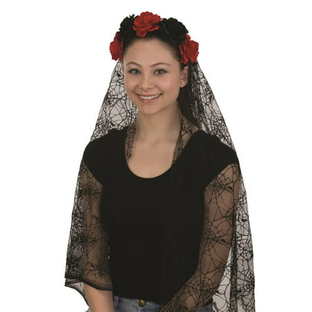 Black Red Flower Day Of Dead Bride Headband Lace Veil DOTD Costume Accessory