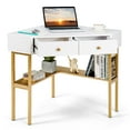 thumbnail image 1 of Giantex  Corner Writing  Desk, 90 Degrees Triangle Desk w/Storage Shelves & Metal Frame, Makeup Vanity Table,for Small Spaces, Gold, 1 of 8