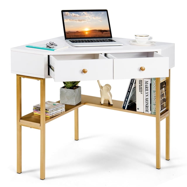 Giantex Corner Writing Desk, 90 Degrees Triangle Desk w/Storage Shelves & Metal Frame, Makeup Vanity Table,for Small Spaces, Gold