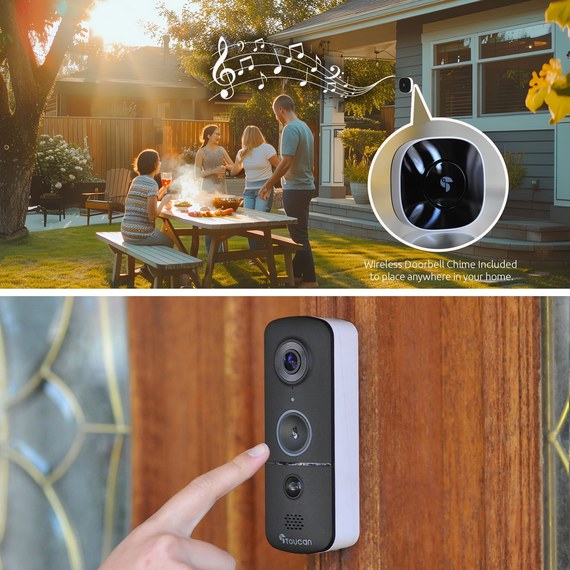 Toucan Wireless Video Doorbell V3 with Chime, No Monthly Fees, Waterproof, Wi-Fi, Two-Way-Talk, Battery Powered, Night Vision