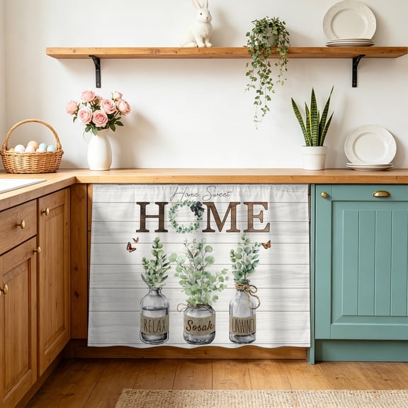 Eucalyptus Leaves Sink Skirt 11"Wx13"L,Dustproof Under Sink Curtain with Self Adhesive Tape,Farmhouse Botanical Plants Wooden Grain Cabinet Curtain Cover for Bathroom Vanity,Kitchen Storage Shelf