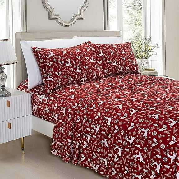 Mocassi Soft Bed Sheets Holiday Pattern 1500 Series Microfiber-Softness Wrinkle and Fade Resistant (6-Piece) Bedding Set, Cal King, Burgundy Reindeer