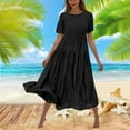thumbnail image 2 of Kmdttou Women's Summer Flower Solid Color Casual Short Sleeve Crewneck Dress Casual Flowy Tiered Maxi Beach Dress,Chic Day Dresses for Ladies Summer Wear, 2 of 6