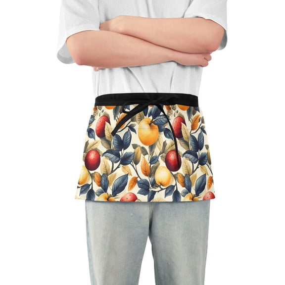 Server Apron with 3 Pockets Waterproof Waitress Waist Short Apron for Man Woman Fruit and Leaves 12 Inches