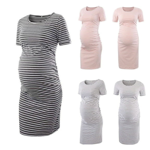 Jinhomg Comfy Maternity Dress for Women Cute Striped Print Short Sleeve Shift Dresses Slim Fit Casual Short Sleeve Midi Pregnancy Dress Dark Gray S