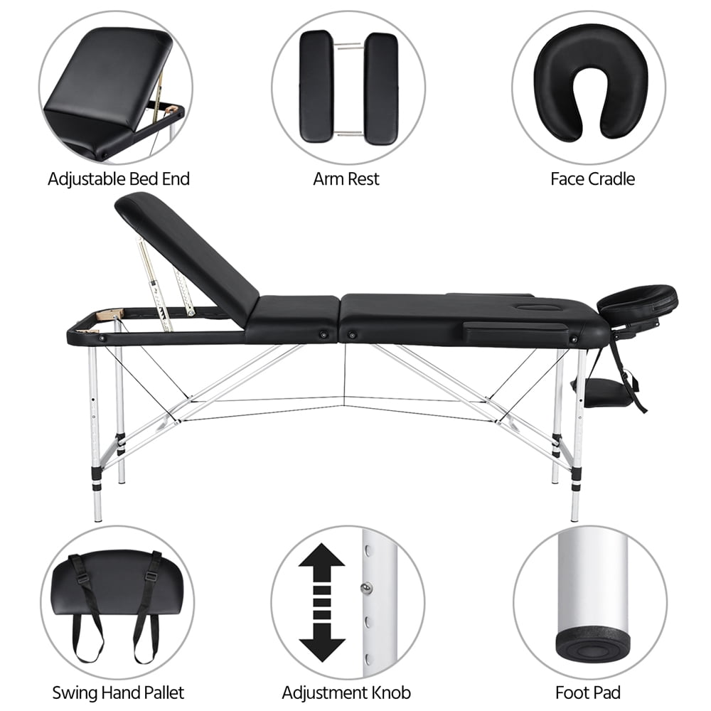 Renwick Professional 3 Fold Adjustable Aluminum Massage Table w/ Backrest/Headrest/Armrest, Black