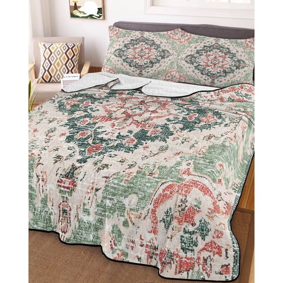 Green Pink Boho Floral King Size Down Alternative Comforter,Lightweight Comforter Quilt Bedding Set with Pillow Shams Southwestern Ethnic Flowers Retro All Seasons Bed Comforter Duvet Insert 96"x106"