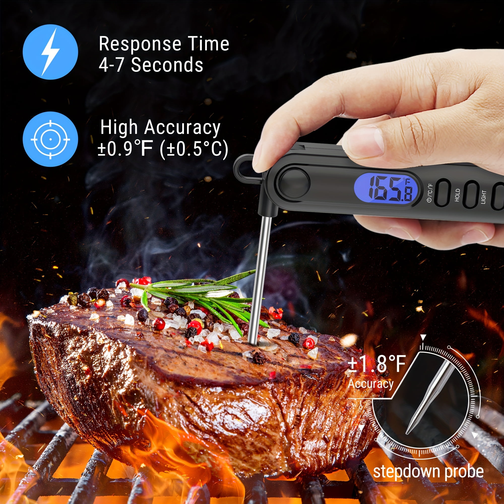 Instant Read Meat Thermometer for Cooking And Grilling, Kitchen Gadgets, Ultra Fast Thermometer with Backlight, Magnet, Calibration, And Foldable Probe for Kitchen, Outdoor Grilling And BBQ