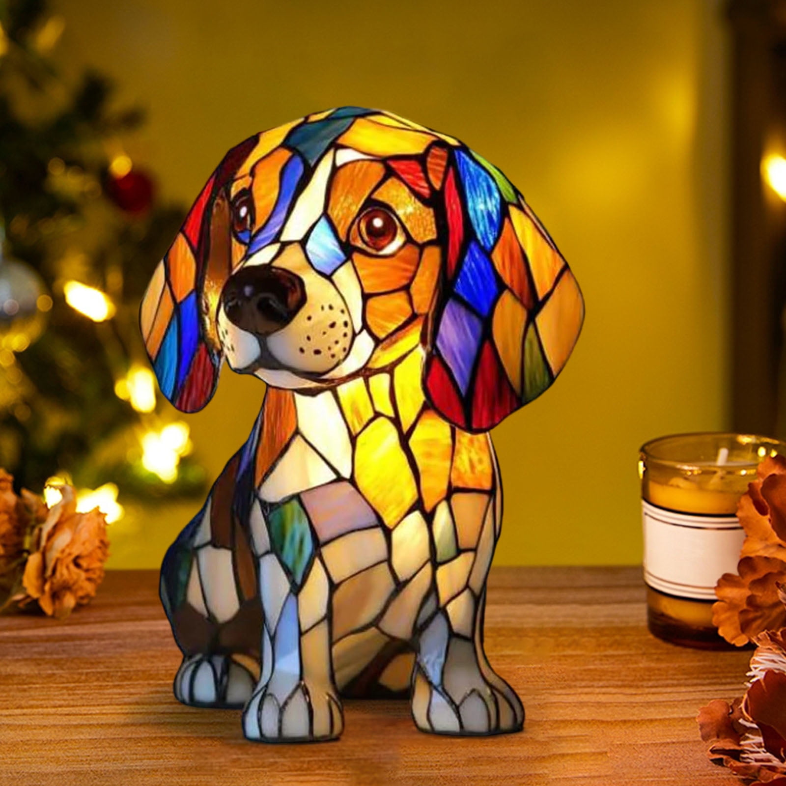 Fanyil Glowbuddy Dog Lamp - Cute Stained Glass Style Resin Night Light (Corgi, Bulldog, Dachshund Designs) - Vintage Home Decor, Table Art Light