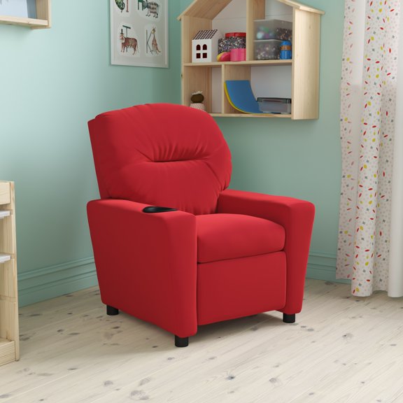 BizChair Contemporary Red Microfiber Kids Recliner with Cup Holder