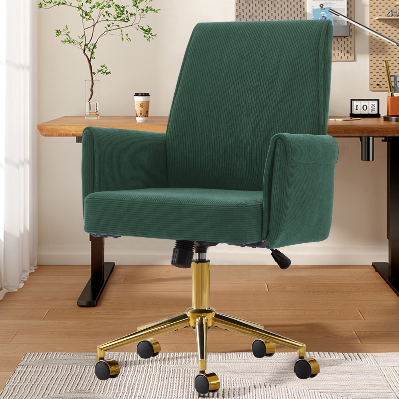 Stripes Corduroy 360° Swivel Desk Chair, Gold Base Adjustable Height Home Office Armchair with Wheels, Ergonomic Mid-Back Comfy Computer Chair for Home Study Living Room Bedroom, Green