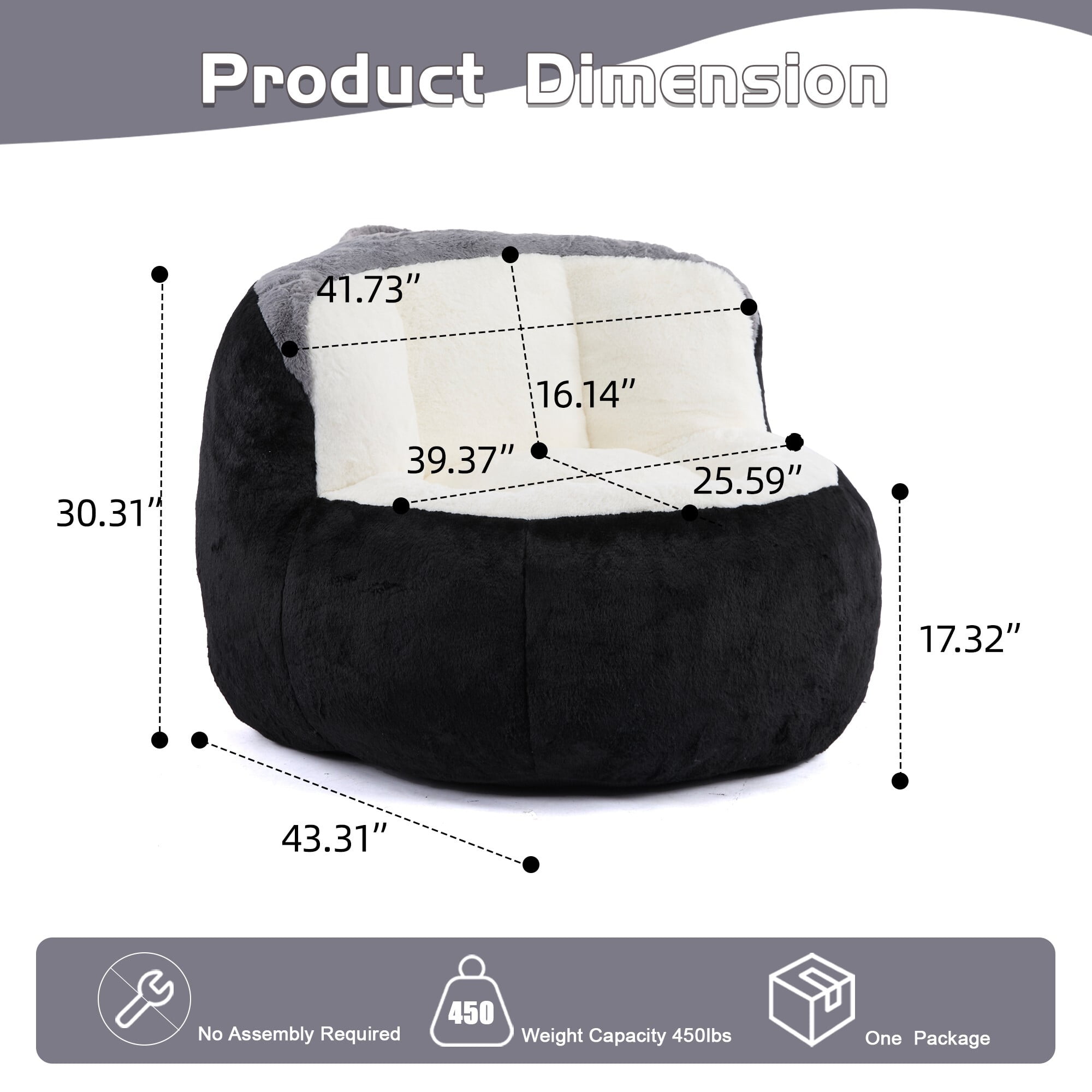 AENKYO Plush Faux Fur Bean Bag Chair - High Density Foam, Non-Slip, Portable Lounger for Living Room, Bedroom, Black