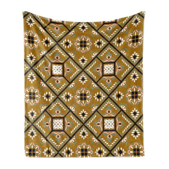 Abstract Soft Flannel Fleece Blanket, Traditional Mosaic Tile Pattern Illustration of Floral Ornaments, Cozy Plush for Indoor and Outdoor Use, 50" x 60", Pale Coffee and Multicolor, by Ambesonne