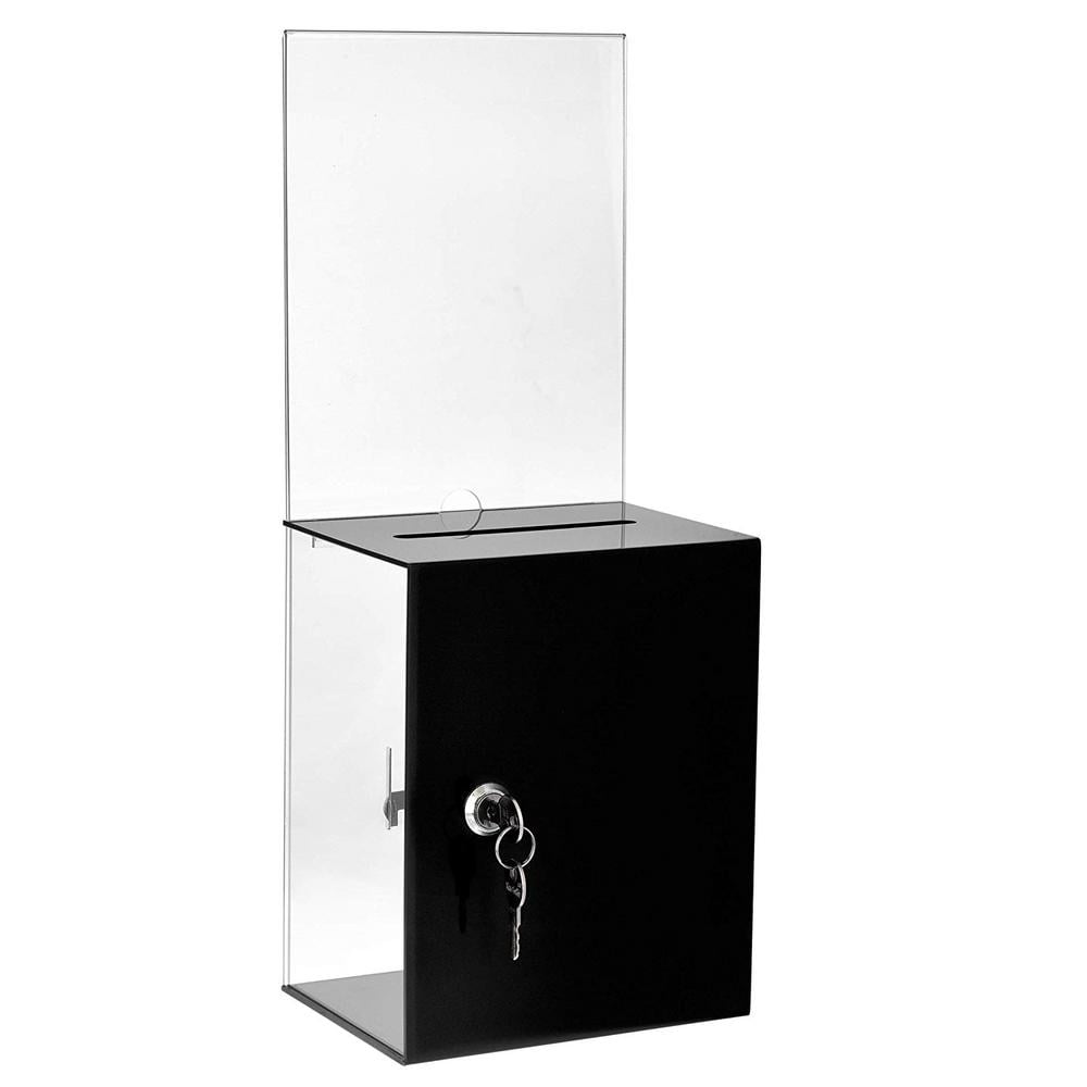 Arcylic Donation Box Suggestion Box My Charity Boxes Black With Sliding Door & Display With Lock