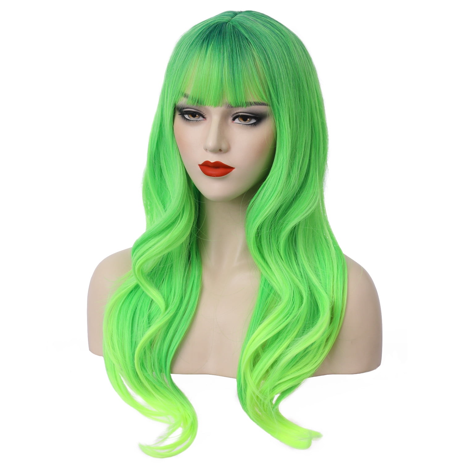 RightOn 26" Green Wig Long Wavy Wig with Bangs Lime Neon Green Wig Ombre Green Wigs for Women Girls Wig Cap Included
