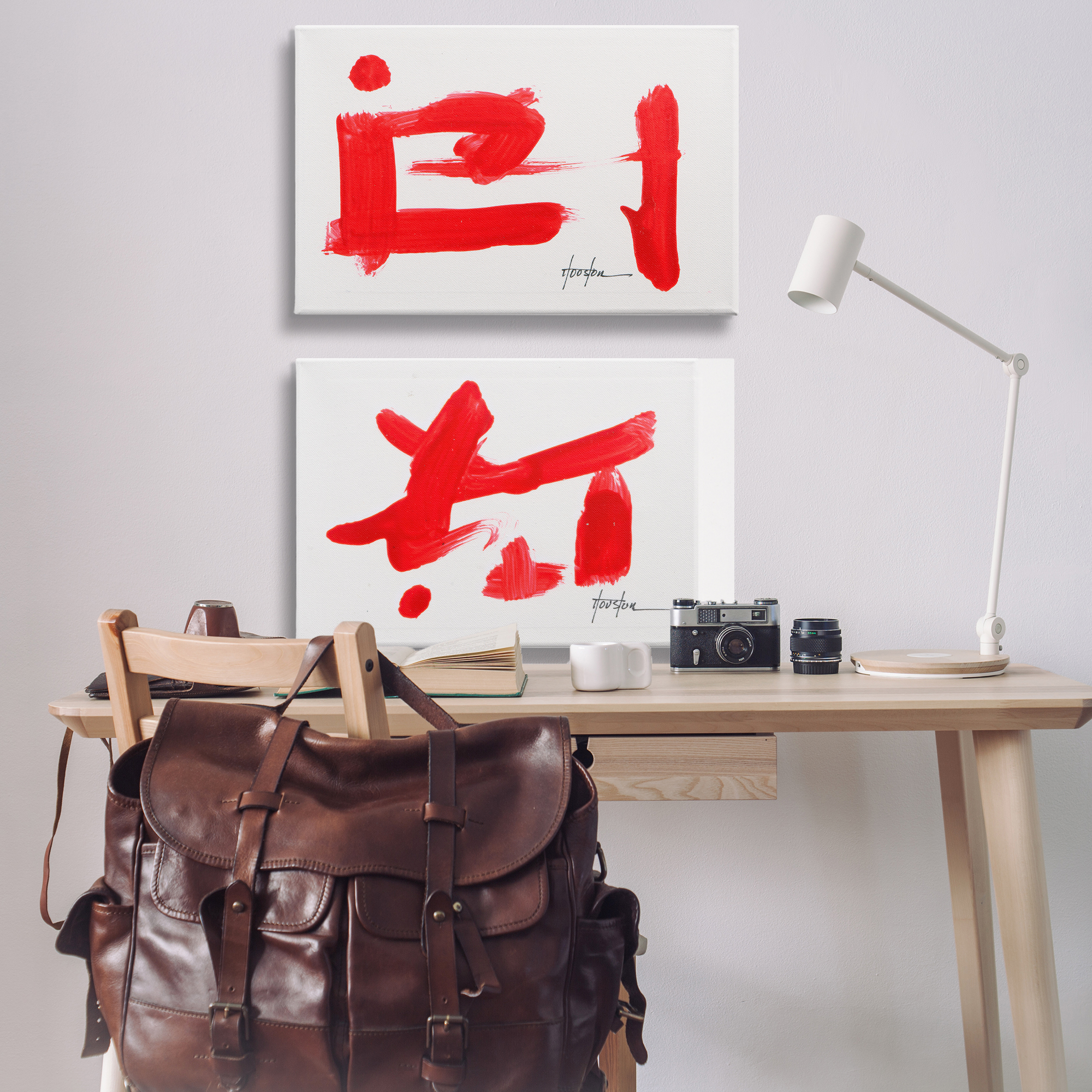 Stupell Industries Red Symbolic Characters Abstract Painting Wrapped Canvas Art Print Wall Art, 36 x 24, Set of 2