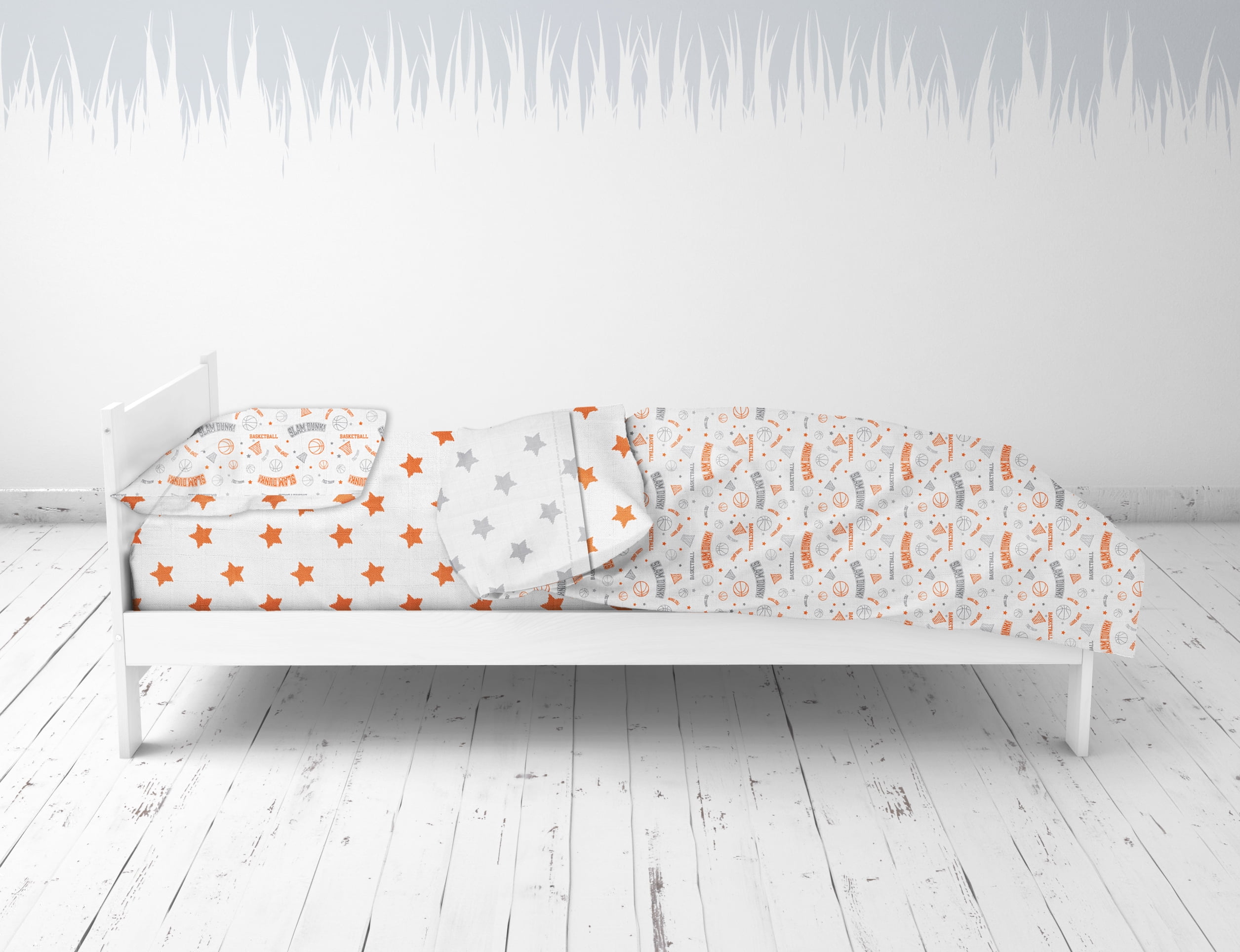 Bacati - Sports 100% Cotton breathable Muslin 3-Piece Toddler Bedding Sheet Set, Basketball Orange/Grey