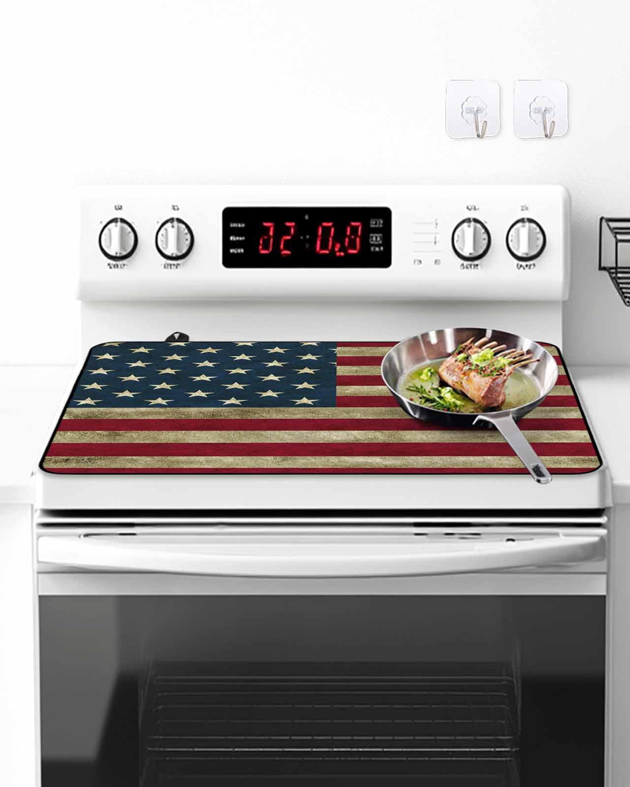 Stove Top Covers for Electric Stove, Vintage Red American Flag Glass Stovetop Cover Protector, US Flag Stripe Retro Starts Induction Cooktop Protector Oven Mat for Kitchen Countertop 24"x21"