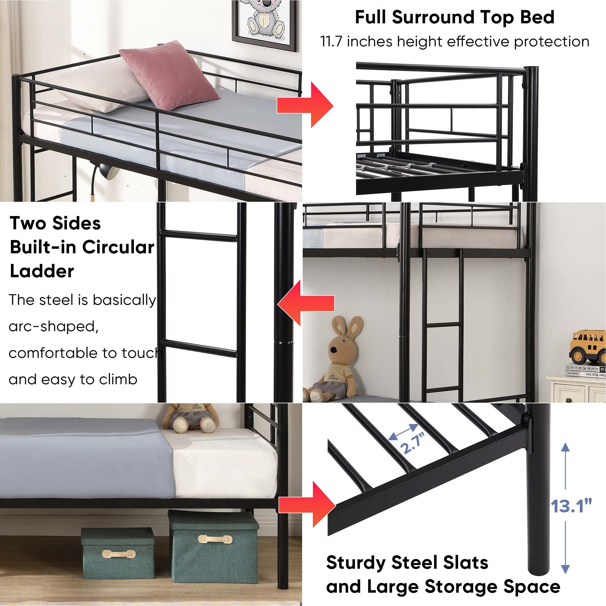 Aukfa Metal Bunk Bed Twin over Twin, Able to Split Two Beds for Kids Teens Dorm - Black