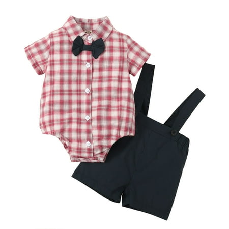 

ZIZOCWA Baby Boy Shorts Set Baby Boys Short Sleeve Plaid Bowknot Shirt Romper Tops Solid Overalls Suspender Pants Outfit Set 2Pcs Boy Shorts Outfit Baby Organic Clothes Boy Clothes Set Baby Bow Tie